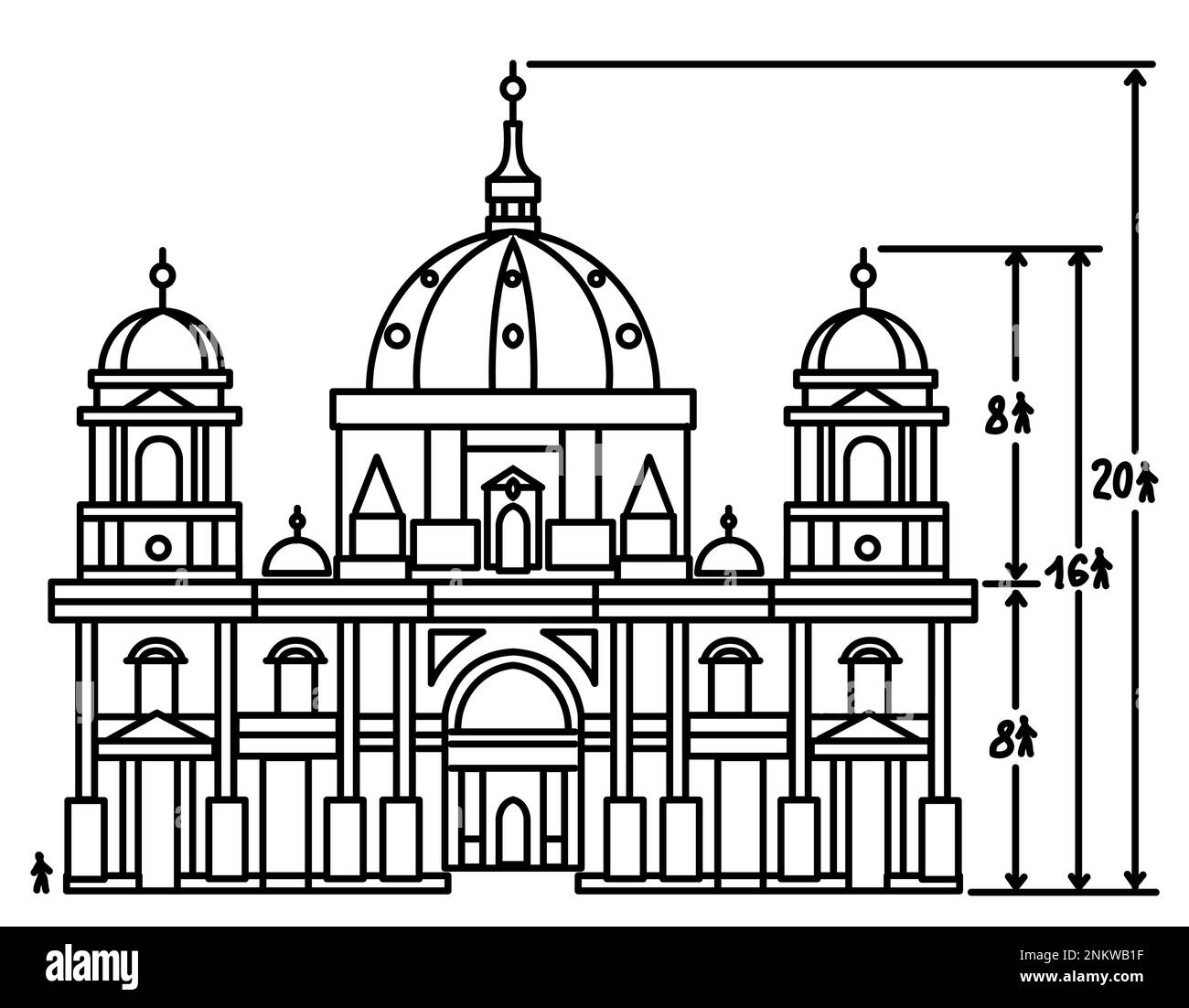 Example scale relationship man to cathedral drawing. Black and white