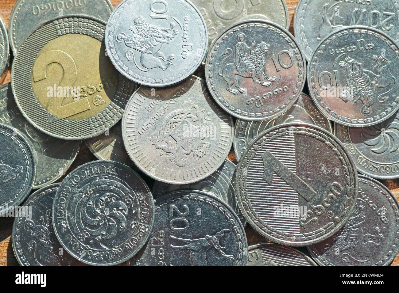 Closeup of Georgian 1 and 2 Lari Coins with Another Coins Stock Photo ...