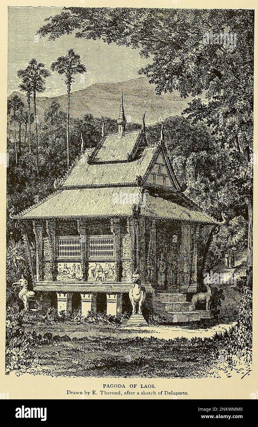 PAGODA OF LAOS. Drawn by E. Therond, after a sketch of DelaporteThe Brown Races Malayo-Mongoloids from Cyclopedia universal history : embracing the most complete and recent presentation of the subject in two principal parts or divisions of more than six thousand pages by John Clark Ridpath, 1840-1900 Publication date 1895 Publisher Boston : Balch Bros. Volume 6 History of Man and Mankind Stock Photo