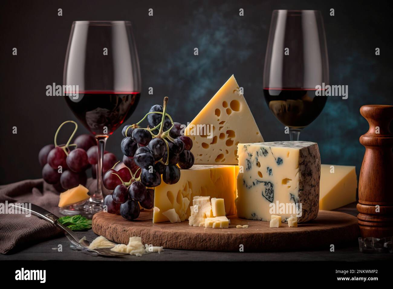 Perfect Pairings: An Assortment of Cheeses, Grapes, and Red Wine on a Platter.Image generated by AI Stock Photo