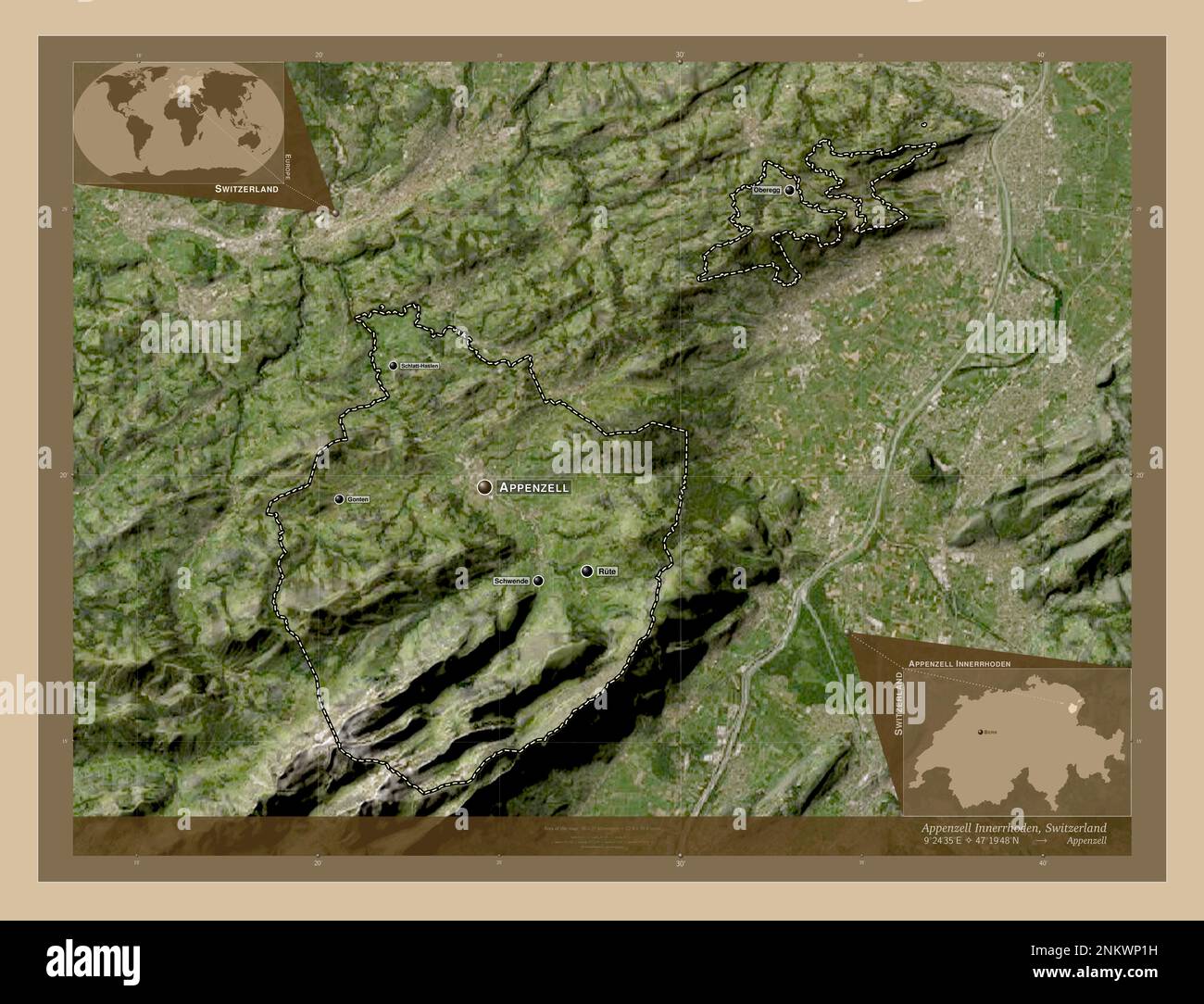 Appenzell Innerrhoden, canton of Switzerland. Low resolution satellite map. Locations and names of major cities of the region. Corner auxiliary locati Stock Photo