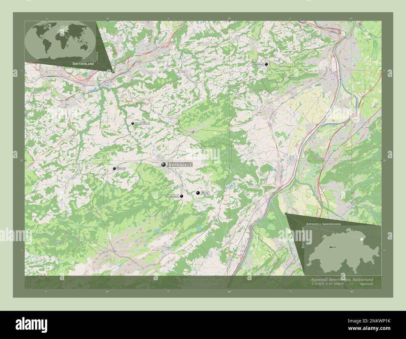 Appenzell Innerrhoden, canton of Switzerland. Open Street Map. Locations and names of major cities of the region. Corner auxiliary location maps Stock Photo