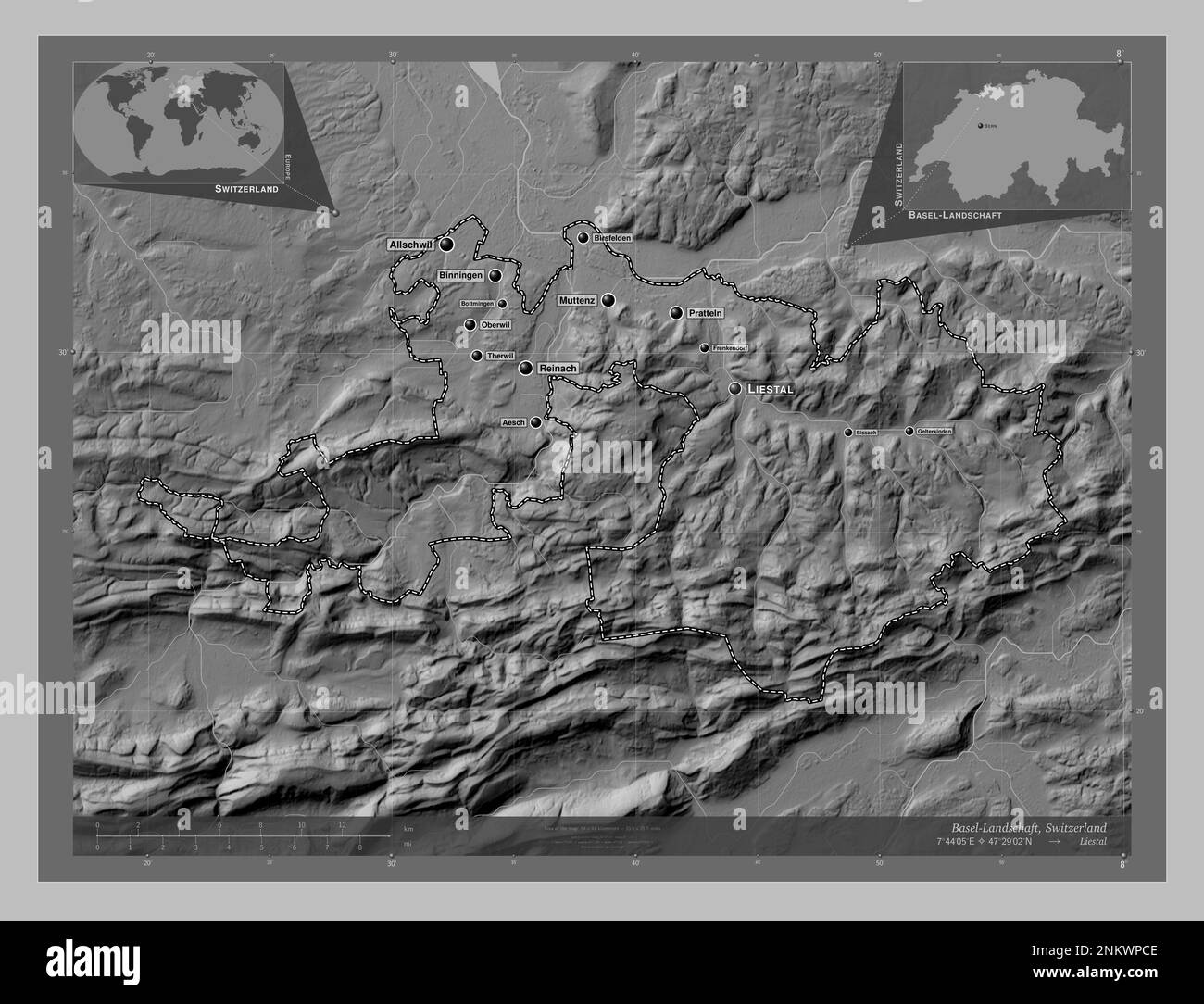 Basel-Landschaft, canton of Switzerland. Grayscale elevation map with lakes and rivers. Locations and names of major cities of the region. Corner auxi Stock Photo