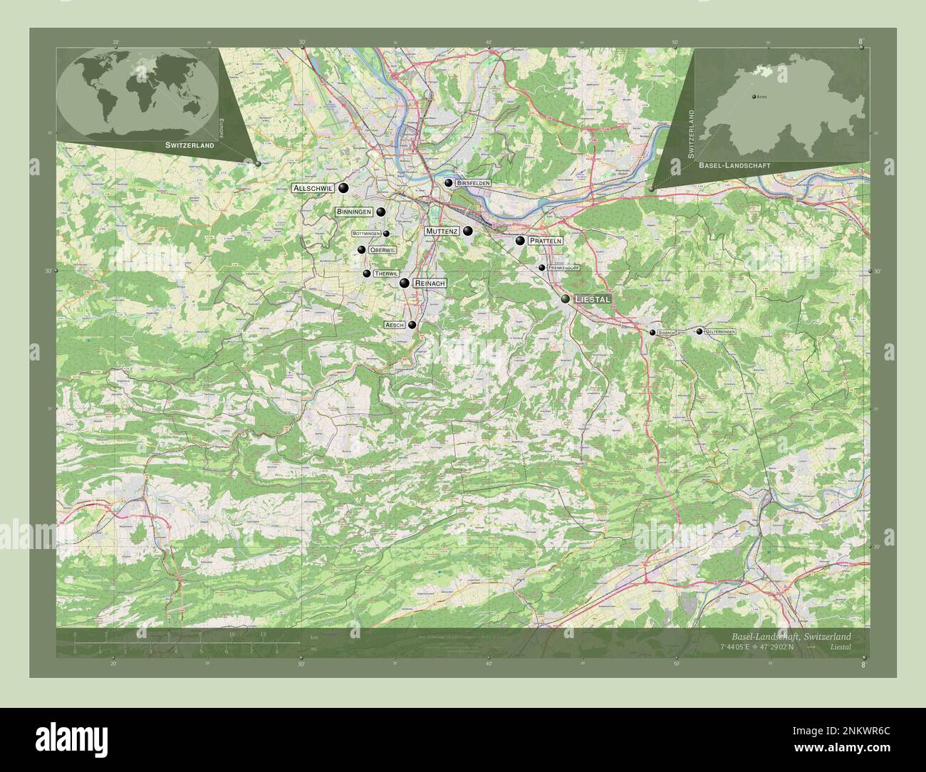 Basel-Landschaft, canton of Switzerland. Open Street Map. Locations and names of major cities of the region. Corner auxiliary location maps Stock Photo