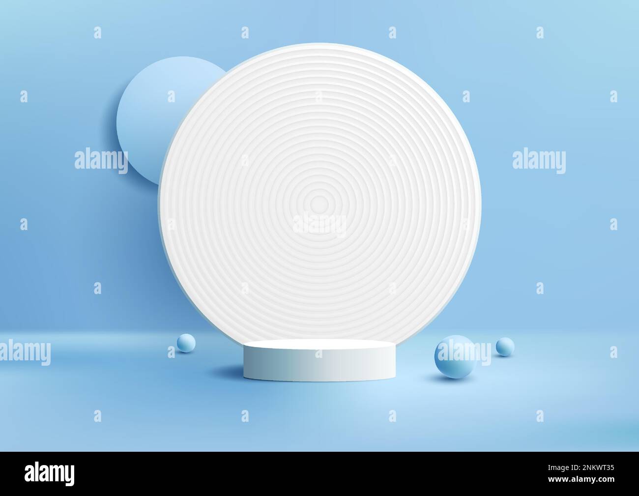 3D realistic white podium stand with circles backdrop decoration sphere ...