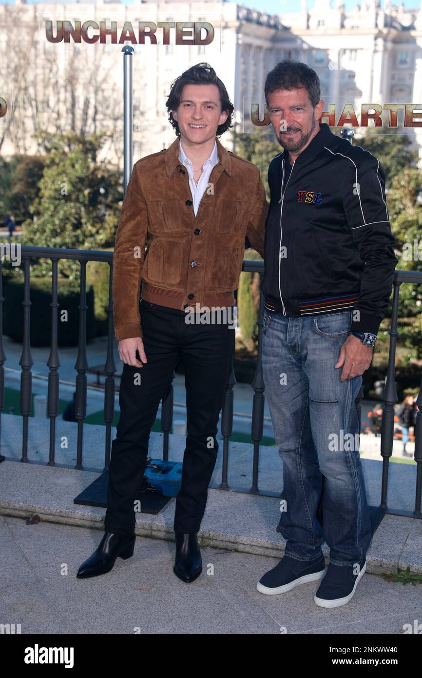 Actors Tom Holland (l) and Antonio Banderas (r), pose at the photocall of the movie Uncharted, at the Teatro Real, on February 8, 2022, in Madrid (Spain)