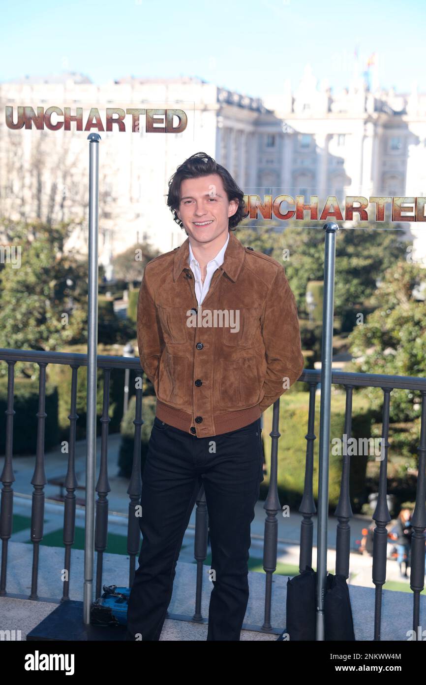 The leading actor Tom Holland, poses at the photocall of the film Uncharted, at the Teatro Real, on February 8, 2022, in Madrid (Spain)