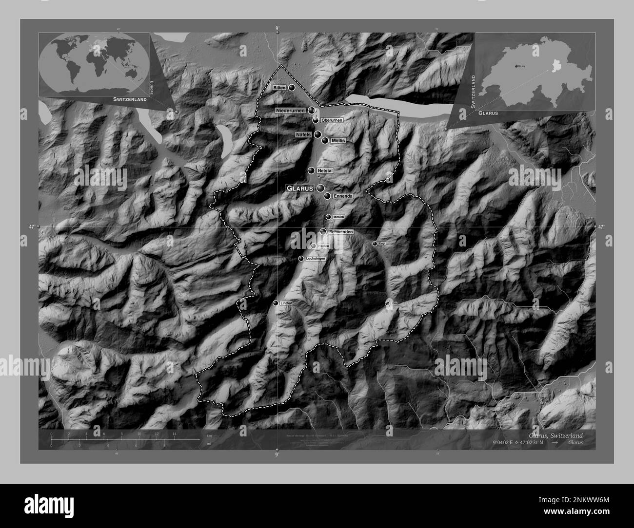 Glarus, canton of Switzerland. Grayscale elevation map with lakes and rivers. Locations and names of major cities of the region. Corner auxiliary loca Stock Photo