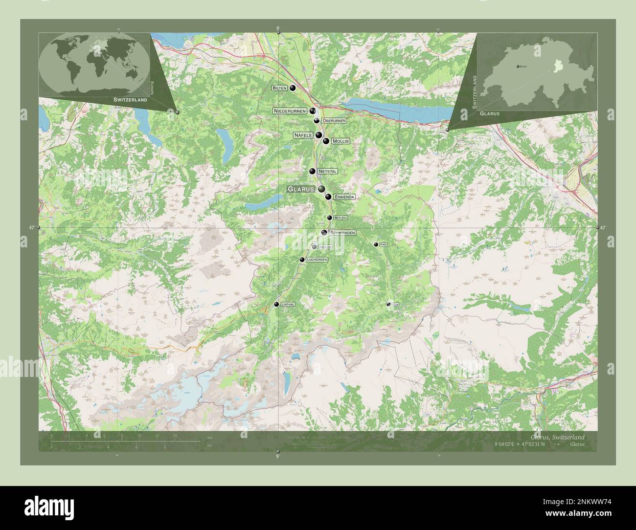 Glarus, canton of Switzerland. Open Street Map. Locations and names of major cities of the region. Corner auxiliary location maps Stock Photo