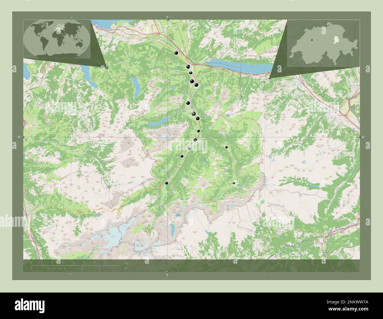 Glarus, canton of Switzerland. Open Street Map. Locations of major cities of the region. Corner auxiliary location maps Stock Photo