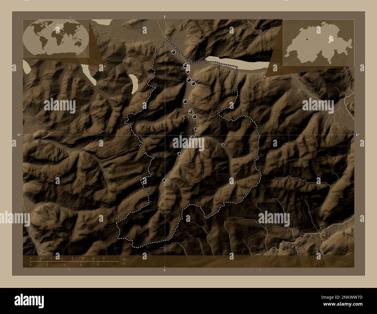 Glarus, canton of Switzerland. Elevation map colored in sepia tones with lakes and rivers. Locations of major cities of the region. Corner auxiliary l Stock Photo
