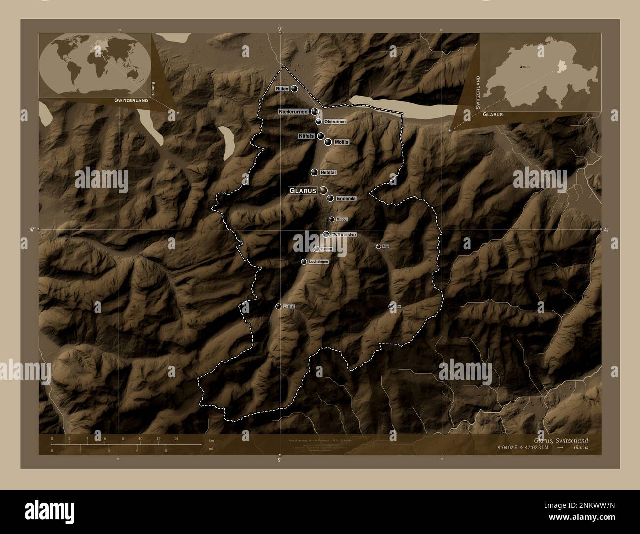 Glarus, canton of Switzerland. Elevation map colored in sepia tones with lakes and rivers. Locations and names of major cities of the region. Corner a Stock Photo
