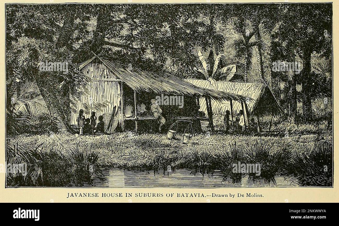 Javanese House in Suburbs of Batavia now Jakarta drawn by De Molins Chapter XXI - The Malays from Cyclopedia universal history : embracing the most complete and recent presentation of the subject in two principal parts or divisions of more than six thousand pages by John Clark Ridpath, 1840-1900 Publication date 1895 Publisher Boston : Balch Bros. Volume 6 History of Man and Mankind Stock Photo