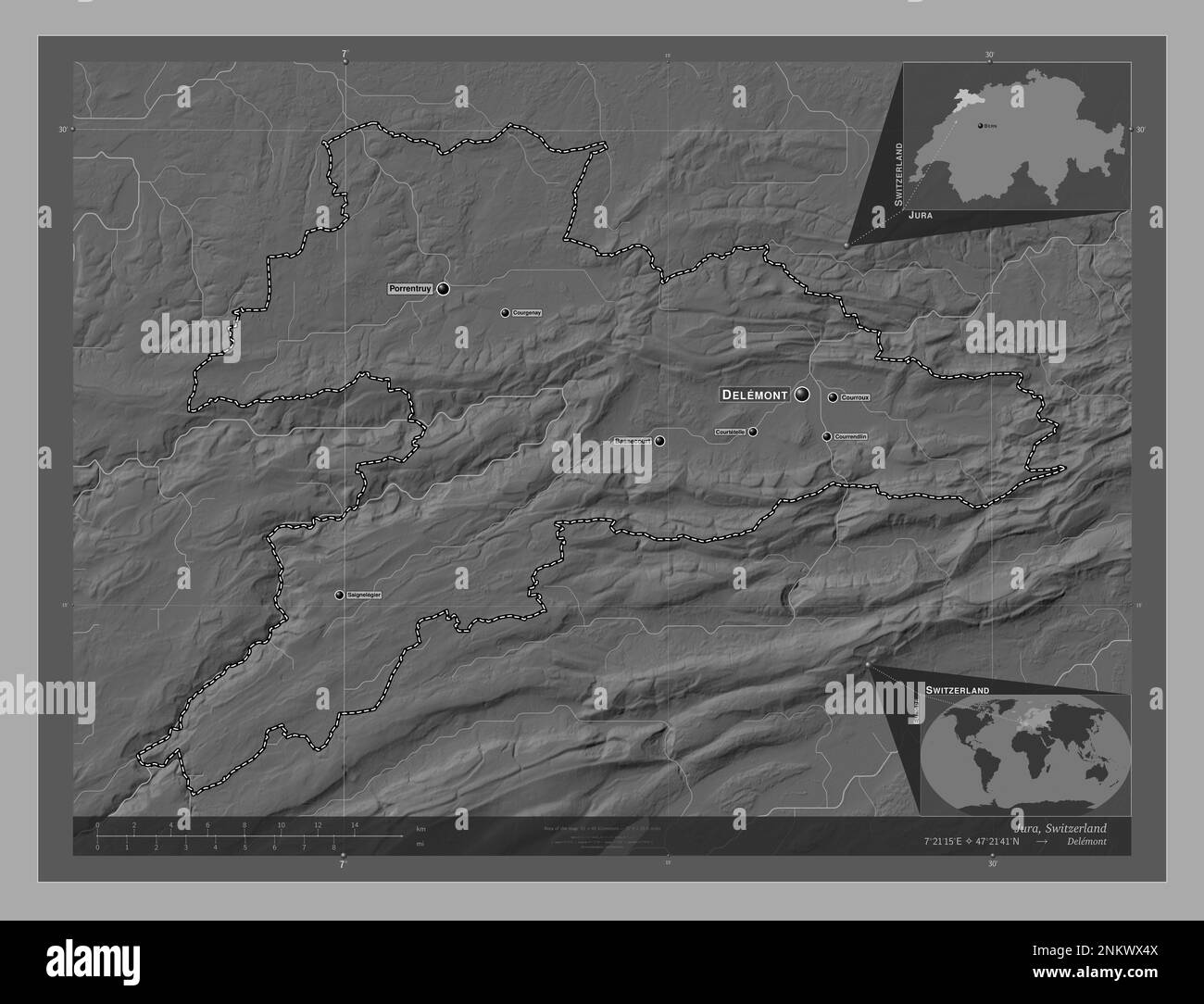 Jura, canton of Switzerland. Bilevel elevation map with lakes and rivers. Locations and names of major cities of the region. Corner auxiliary location Stock Photo