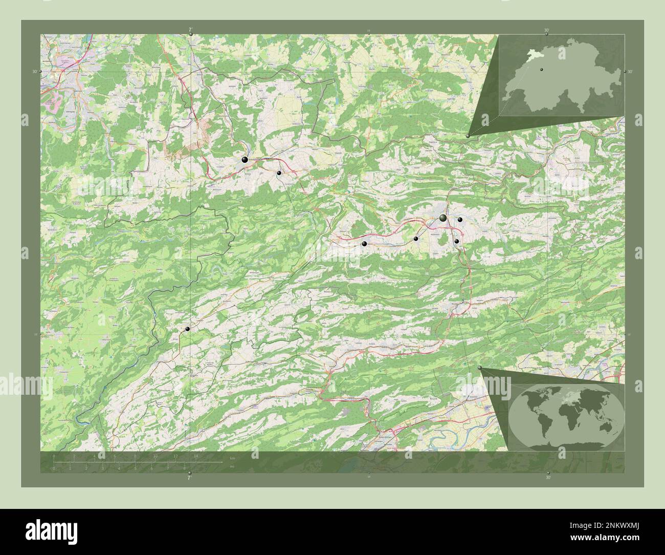 Jura, canton of Switzerland. Open Street Map. Locations of major cities of the region. Corner auxiliary location maps Stock Photo