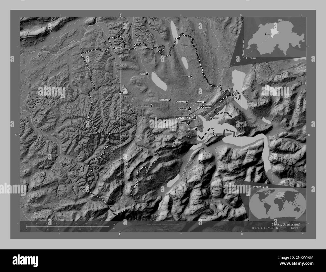Luzern, canton of Switzerland. Grayscale elevation map with lakes and rivers. Locations and names of major cities of the region. Corner auxiliary loca Stock Photo