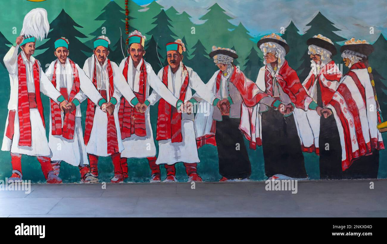 Painting of Traditional Himachali Folk Dance on the Wall of Kalpa