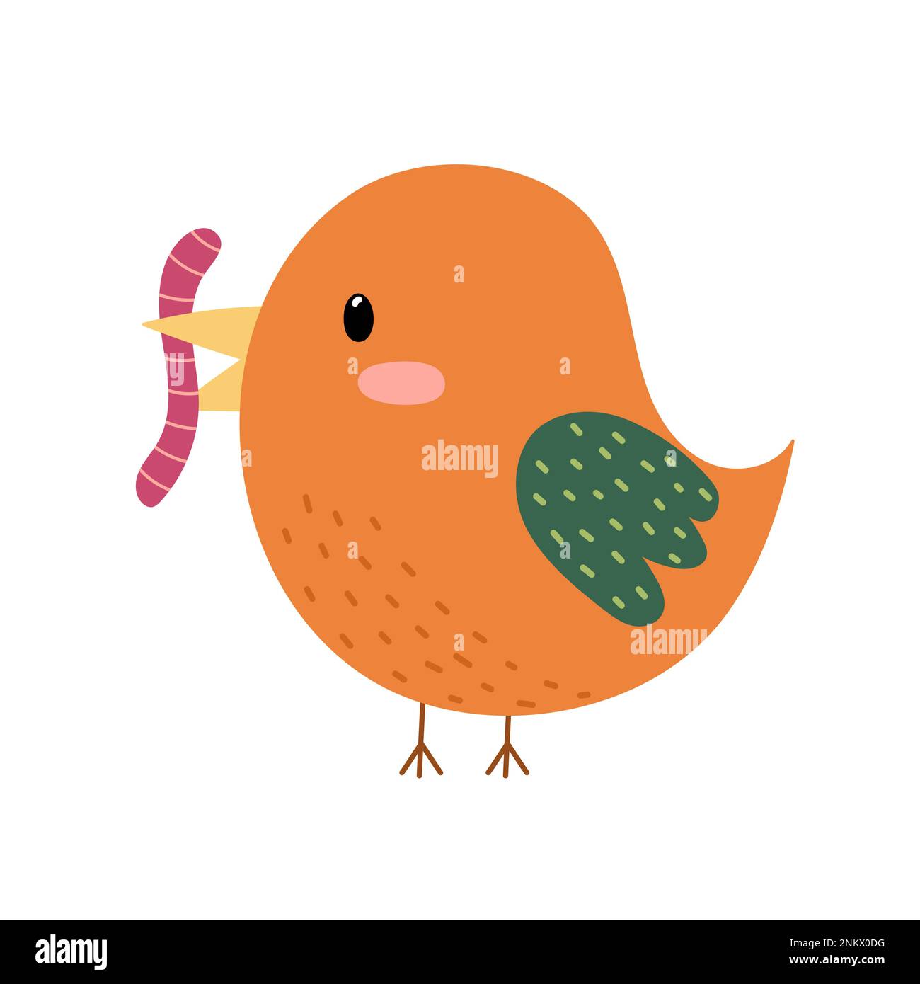 Cute bird eating a worm in cartoon style. Funny character with earthworm in its beak Stock Vector