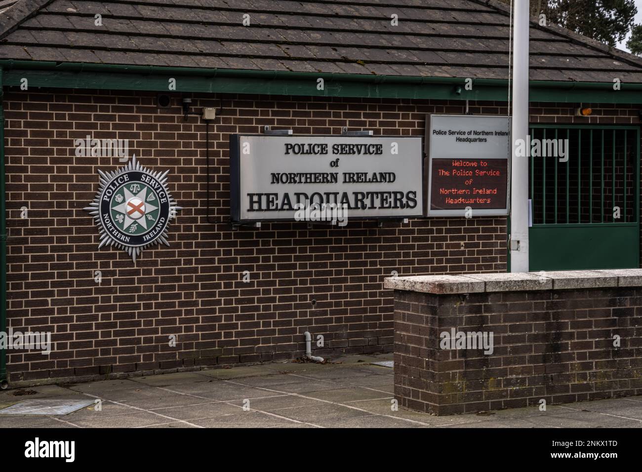 Belfast City, Co Antrim, Northern Ireland, February 17th 2023. PSNI Headquarters view from of signage from street Stock Photo