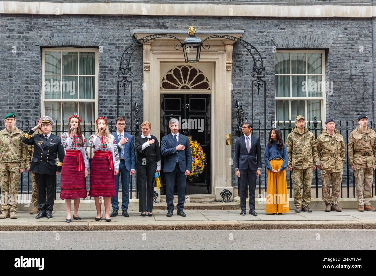 Downing Street, London, UK. 24th February 2023.  British Prime Minister, Rishi Sunak and his wife welcome Ukrainian Ambassador to the UK, Vadym Prystaiko,his wife and son, members of the Ukrainian Armed Forces and representatives from each Interflex nation to Downing Street, to observe a minute’s silence to mark the one-year anniversary of the full-scale Russian invasion of Ukraine. Photo by Amanda Rose/Alamy Live News Stock Photo