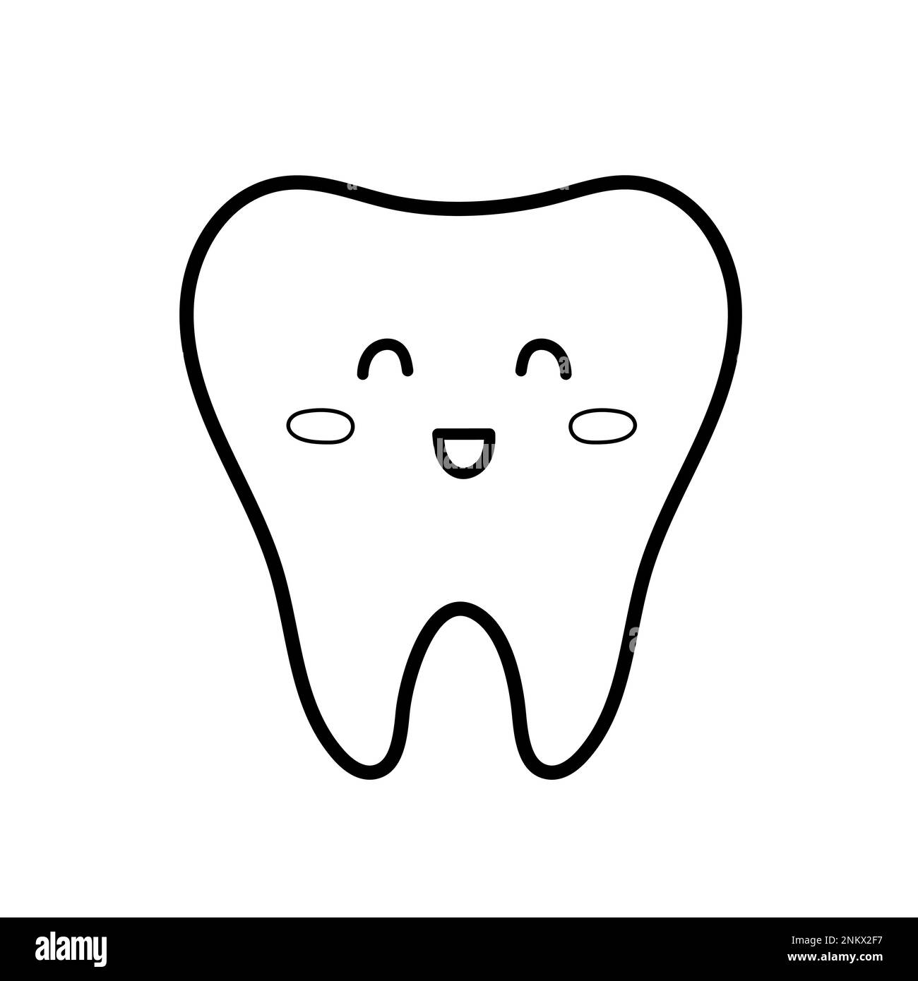 Happy smiling tooth in black and white. Healthy dental character coloring page Stock Vector