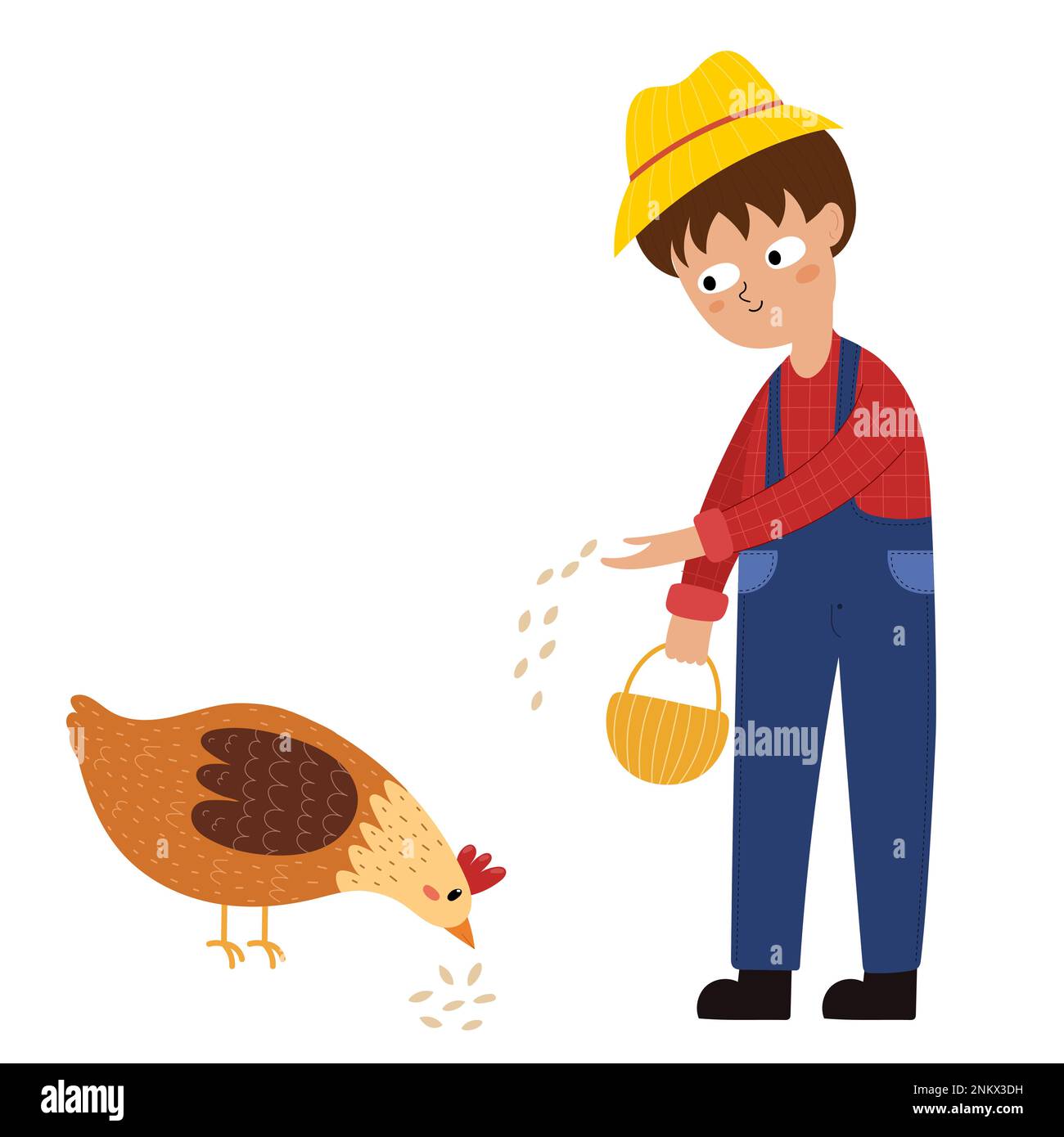 Cute boy feeding a hen. Little farmer and a chicken pecking grain Stock ...