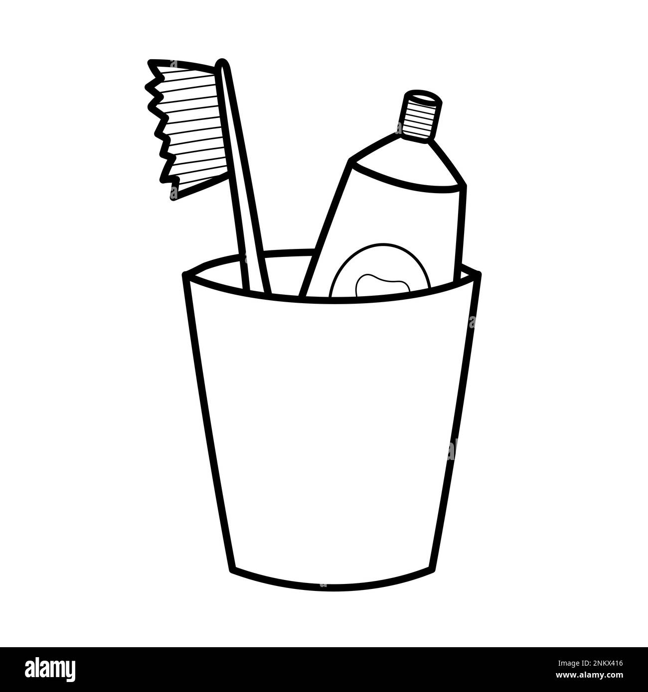 Toothpaste and toothbrush in a glass. Black and white element Stock Vector