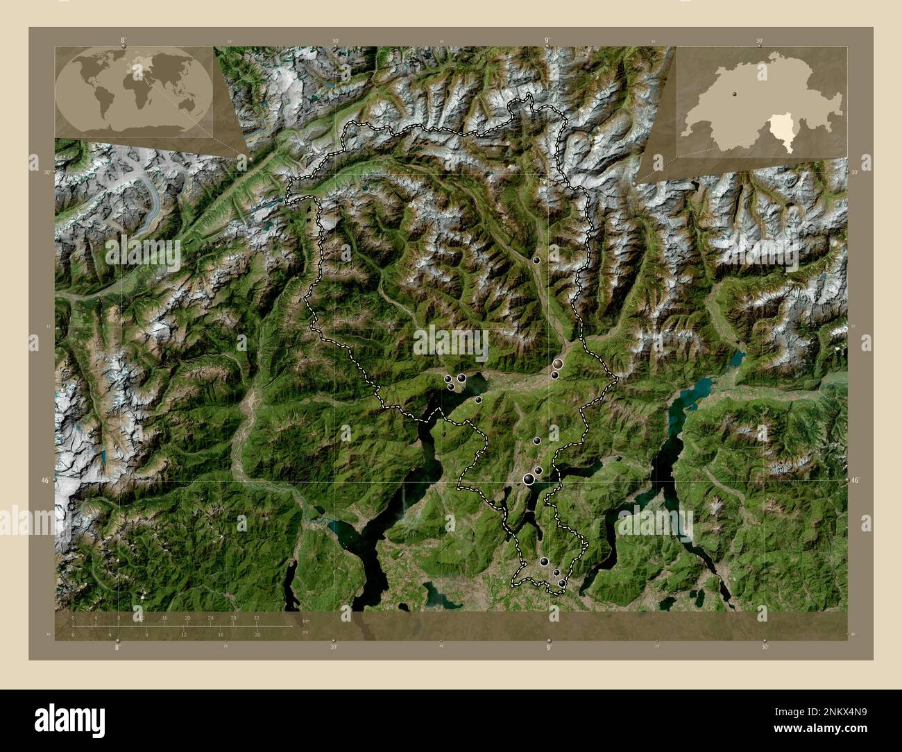 Ticino, canton of Switzerland. High resolution satellite map. Locations