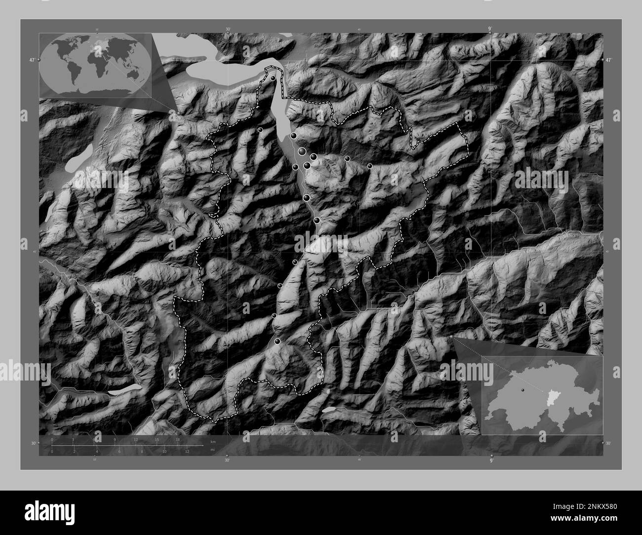Uri, canton of Switzerland. Grayscale elevation map with lakes and rivers. Locations of major cities of the region. Corner auxiliary location maps Stock Photo