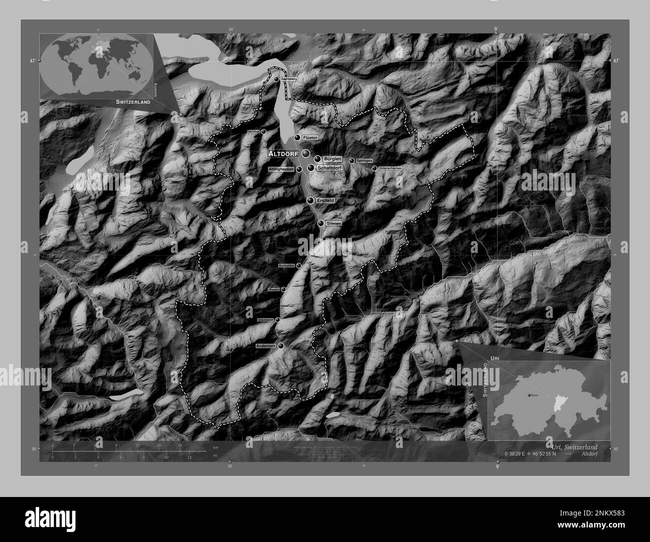 Uri, canton of Switzerland. Grayscale elevation map with lakes and rivers. Locations and names of major cities of the region. Corner auxiliary locatio Stock Photo
