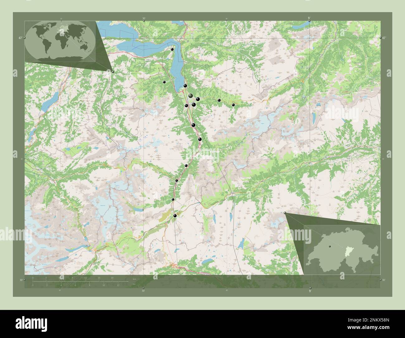 Uri, canton of Switzerland. Open Street Map. Locations of major cities of the region. Corner auxiliary location maps Stock Photo