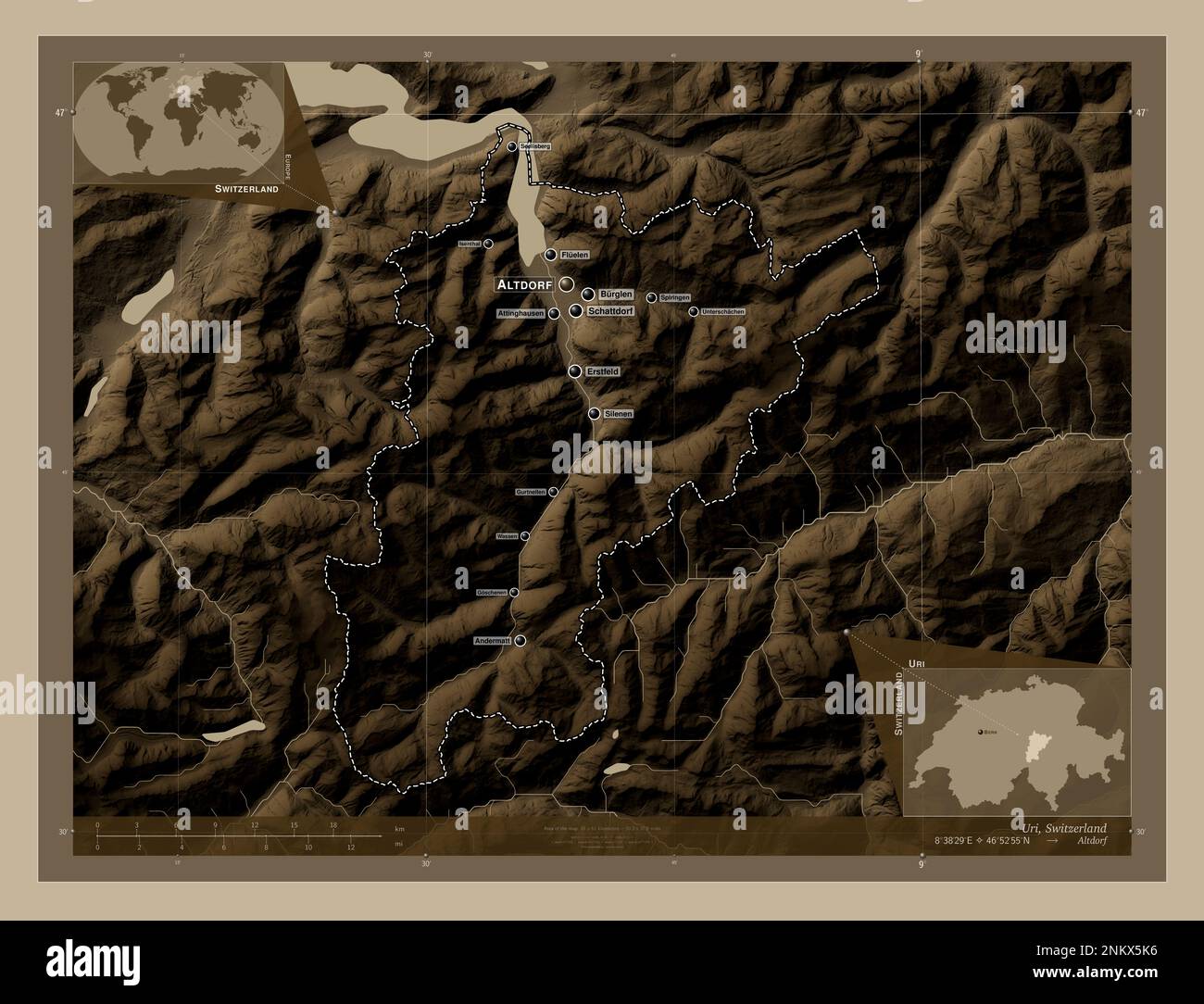 Uri, canton of Switzerland. Elevation map colored in sepia tones with lakes and rivers. Locations and names of major cities of the region. Corner auxi Stock Photo