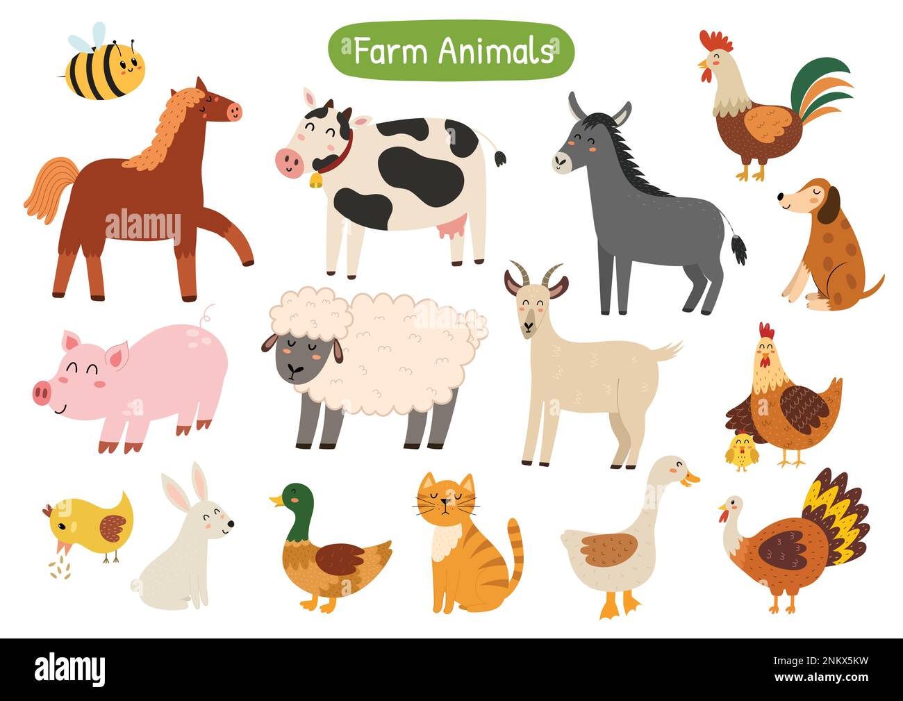 Cute farm animals collection. Doodle countryside animals set Stock