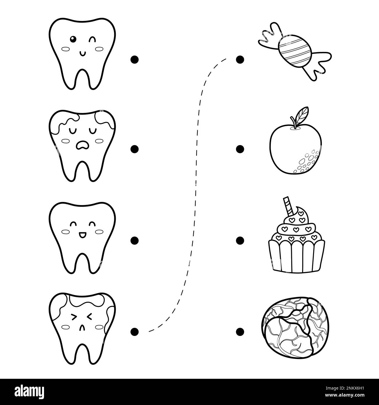 Dentist maze game for kids. What is good for teeth and what is not activity page Stock Vector