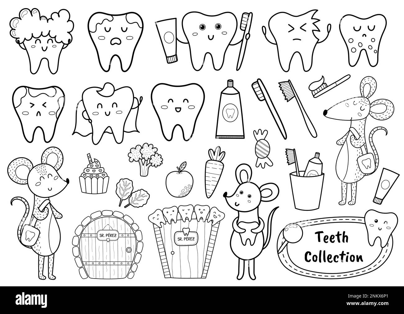 Black and white teeth collection with cute characters. Line art dentist