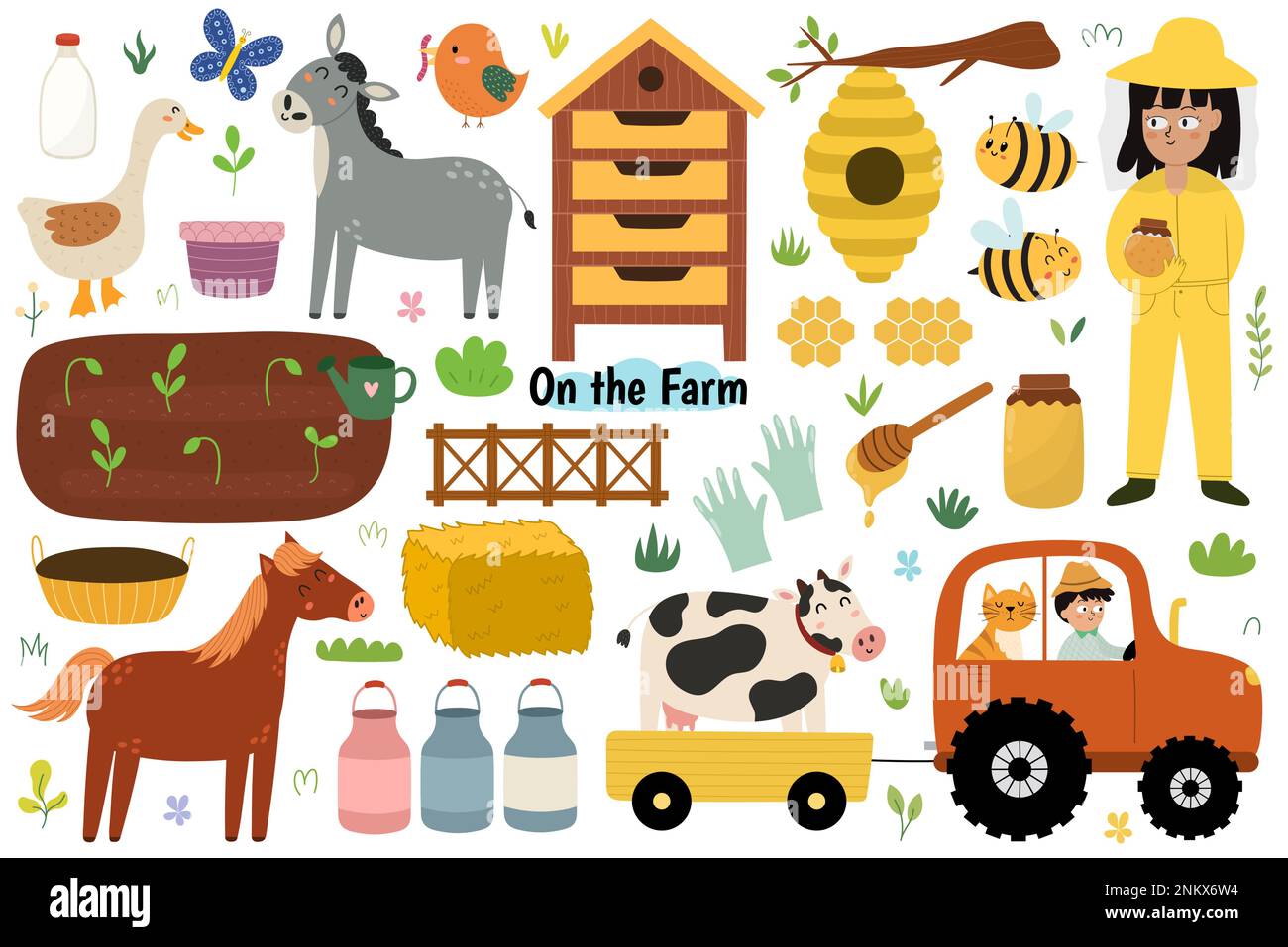 Cute farm animals set. Little farmers collection in cartoon style Stock