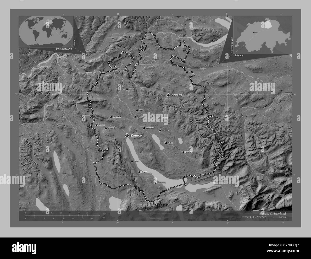 Zurich, canton of Switzerland. Grayscale elevation map with lakes and