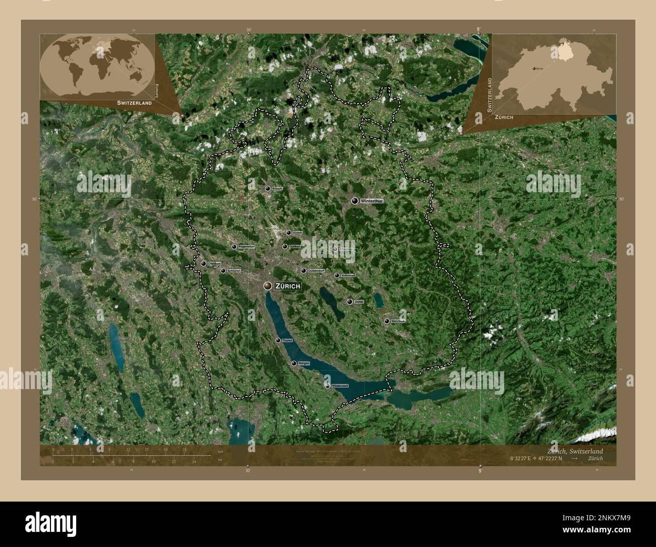 Zurich, canton of Switzerland. Low resolution satellite map. Locations