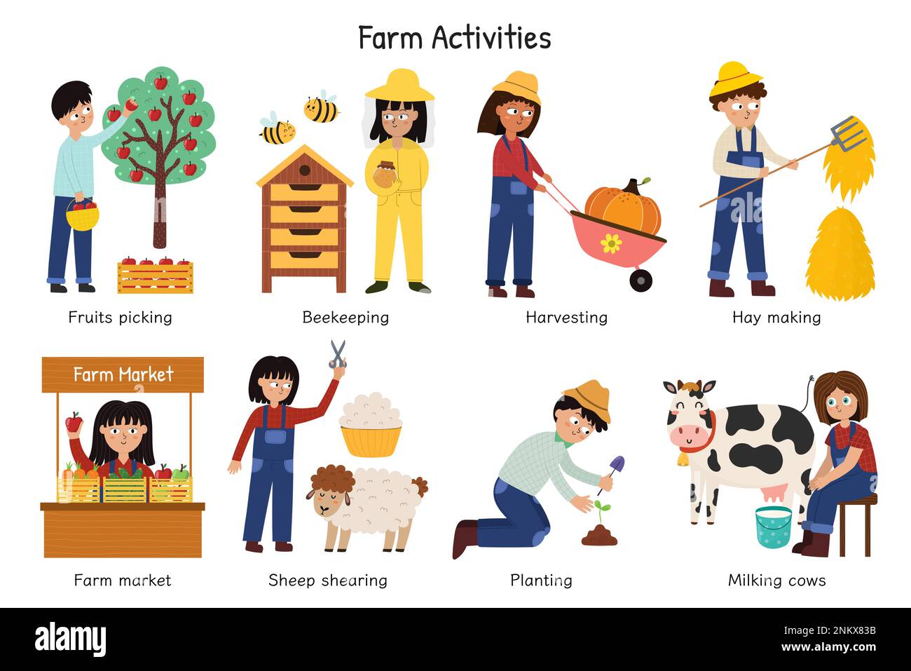 Farm activities set with cute kids farmers. Cute characters doing gardening and agricultural work Stock Vector