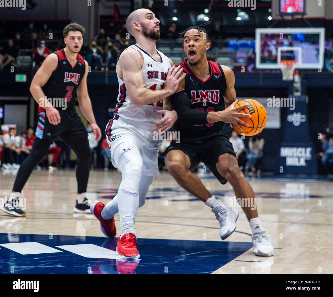 February 05 2022 Moraga CA, U.S.A. Loyola Marymount guard Cam Shelton (20)  goes to the hoop during the NCAA Men's Basketball game between Loyola  Marymount Lions and the Saint Mary's Gaels. Saint