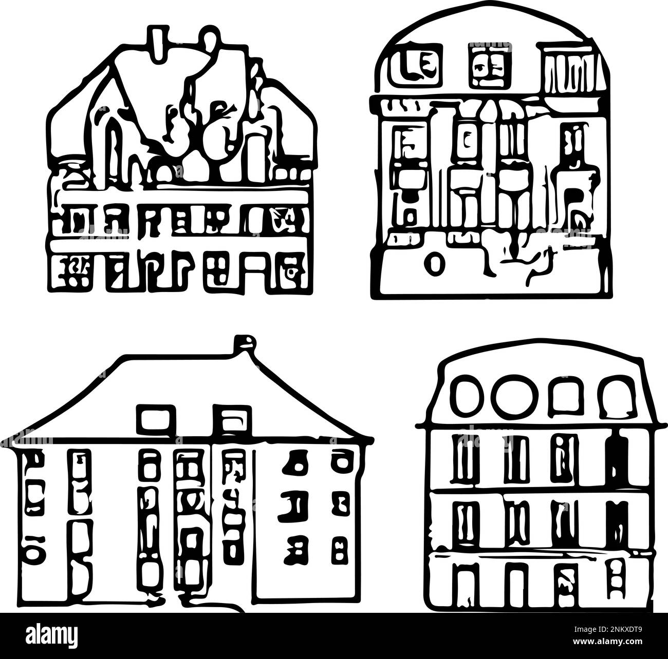 Set Of European Houses Icons - Outline Vector Drawings Of . Handmade vector art. Stock Vector
