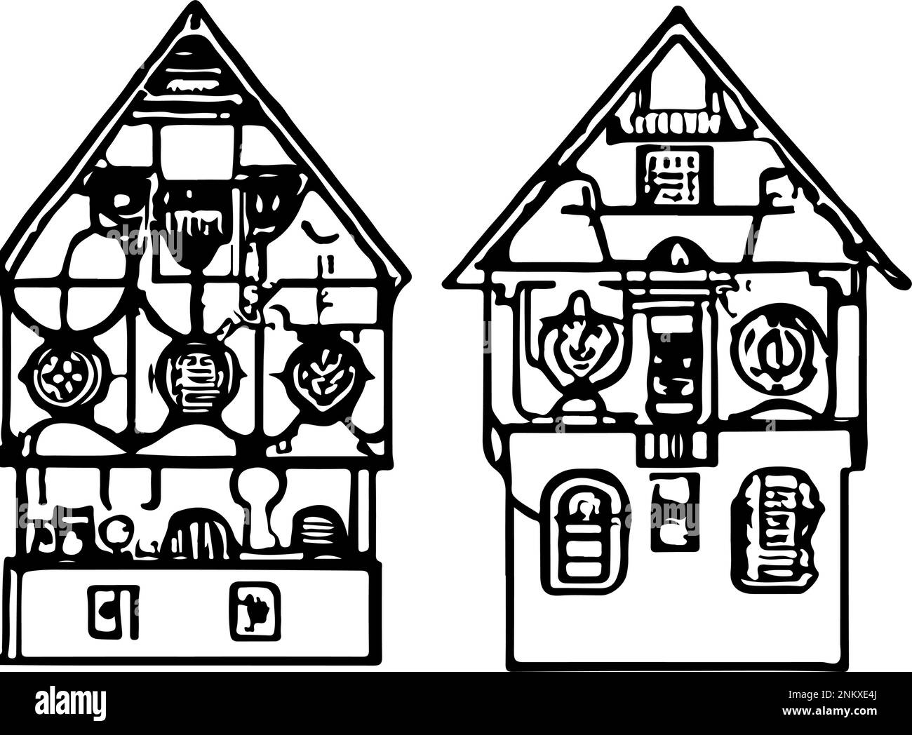 Two Vector Drawings Of Old German Houses Icons. Handmade vector art. Stock Vector