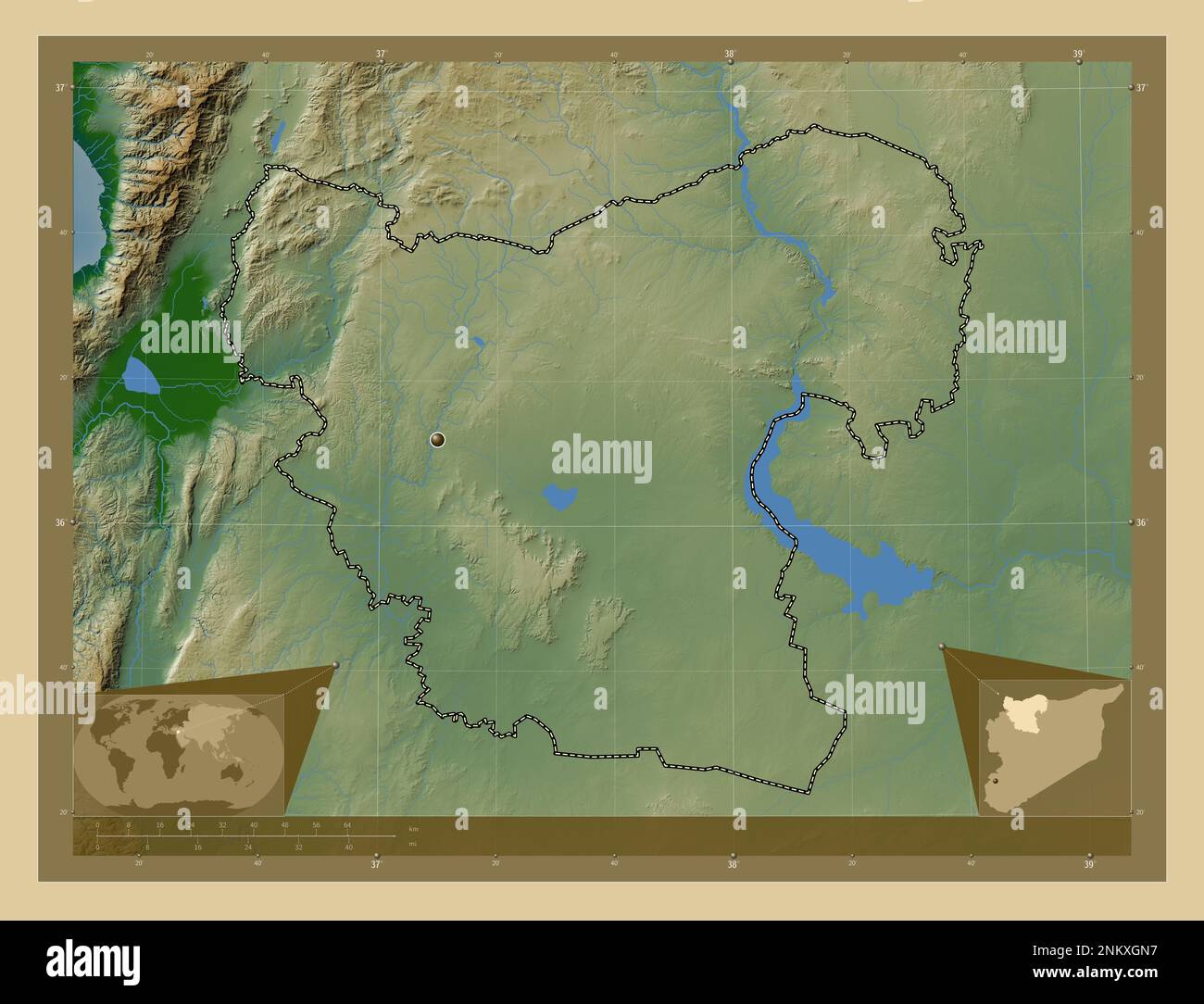 Aleppo, province of Syria. Colored elevation map with lakes and rivers. Corner auxiliary
