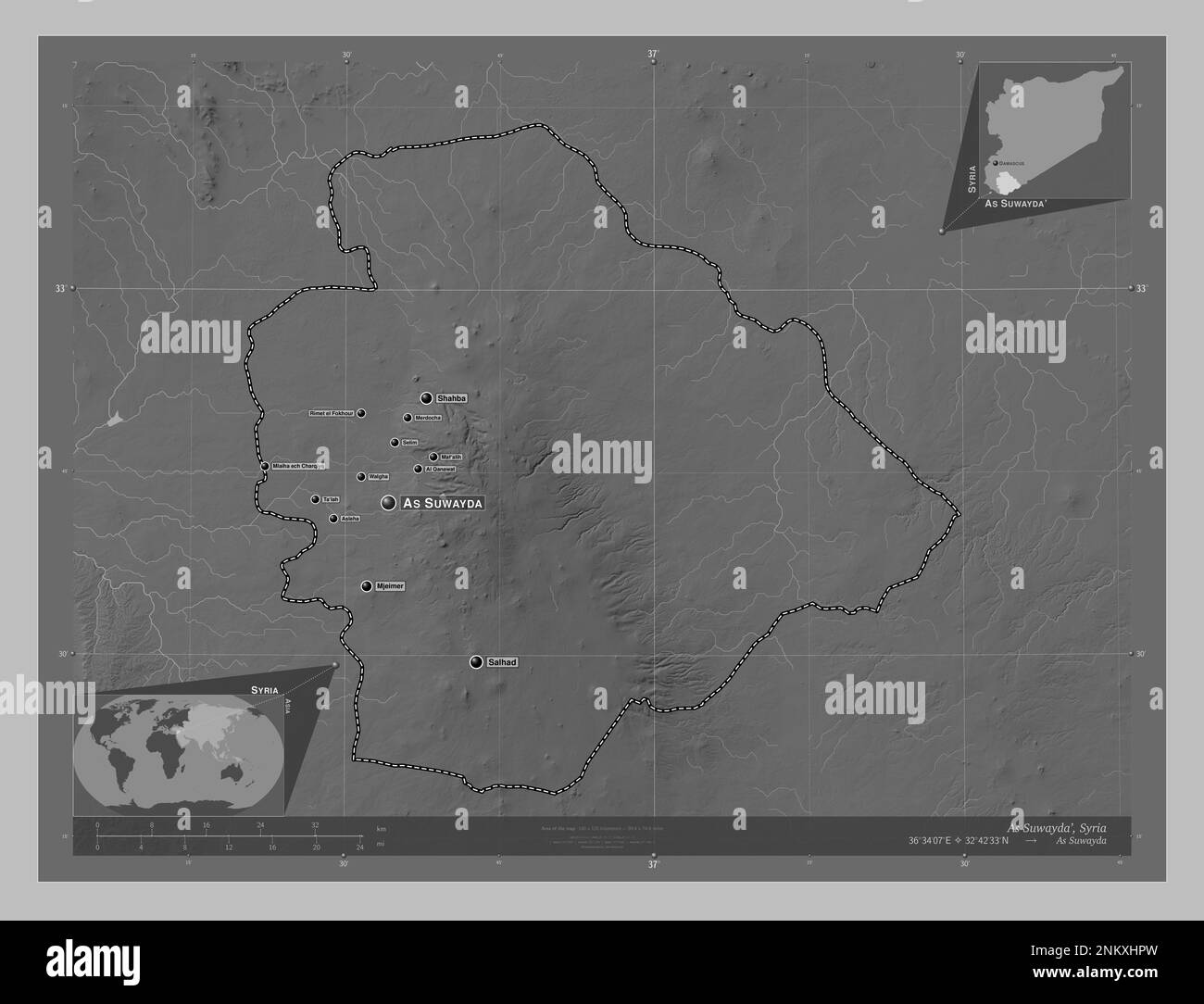 As Suwayda', province of Syria. Grayscale elevation map with lakes and rivers. Locations and names of major cities of the region. Corner auxiliary loc Stock Photo