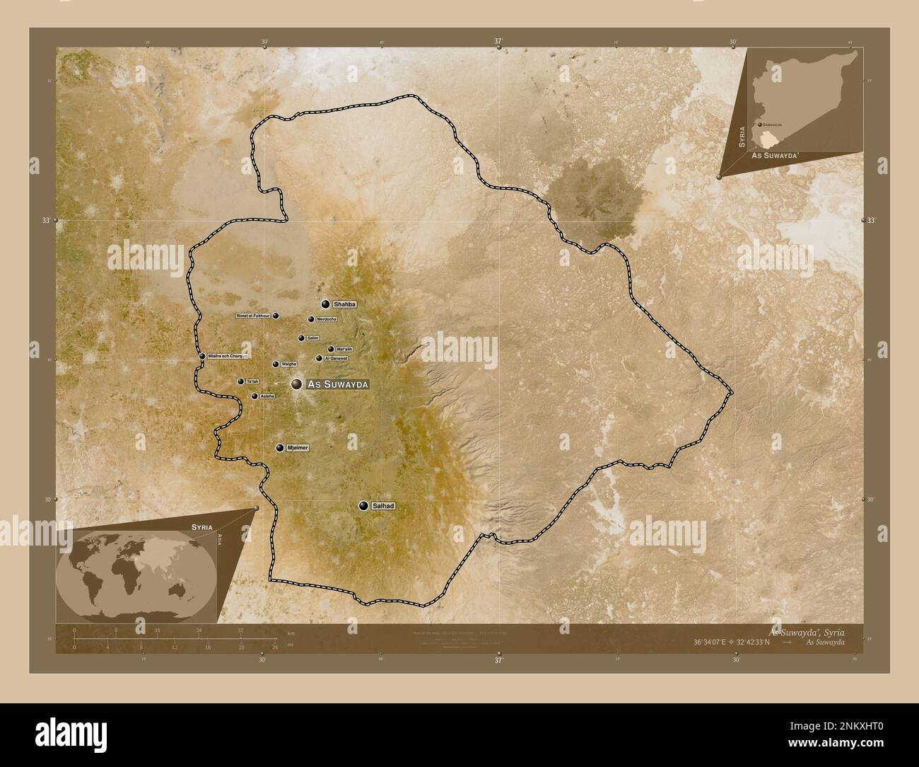 As Suwayda', province of Syria. Low resolution satellite map. Locations and names of major cities of the region. Corner auxiliary location maps Stock Photo