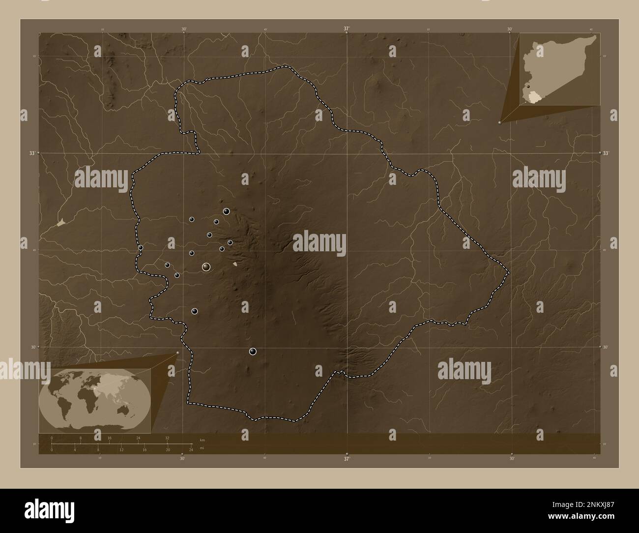 As Suwayda', province of Syria. Elevation map colored in sepia tones with lakes and rivers. Locations of major cities of the region. Corner auxiliary Stock Photo