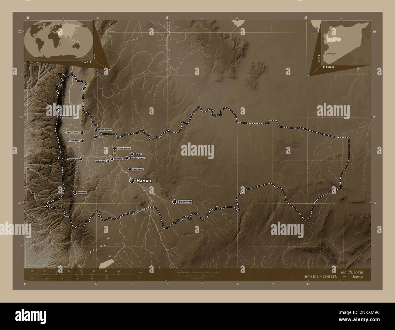 Hamah, province of Syria. Elevation map colored in sepia tones with lakes and rivers. Locations and names of major cities of the region. Corner auxili Stock Photo