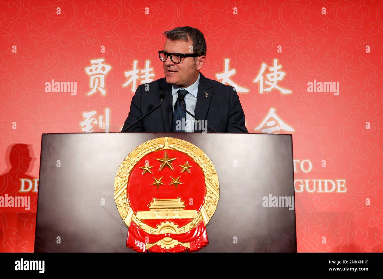 Rome, Italy. 22nd Feb, 2023. Gian Marco Centinaio, vice president of the Italian Senate, addresses a welcome reception for Jia Guide, China's new ambassador to Italy, in Rome, Italy, Feb. 22, 2023. TO GO WITH "Roundup: Italian politicians upbeat on resuming exchanges with China" Credit: Liu Yongqiu/Xinhua/Alamy Live News Stock Photo