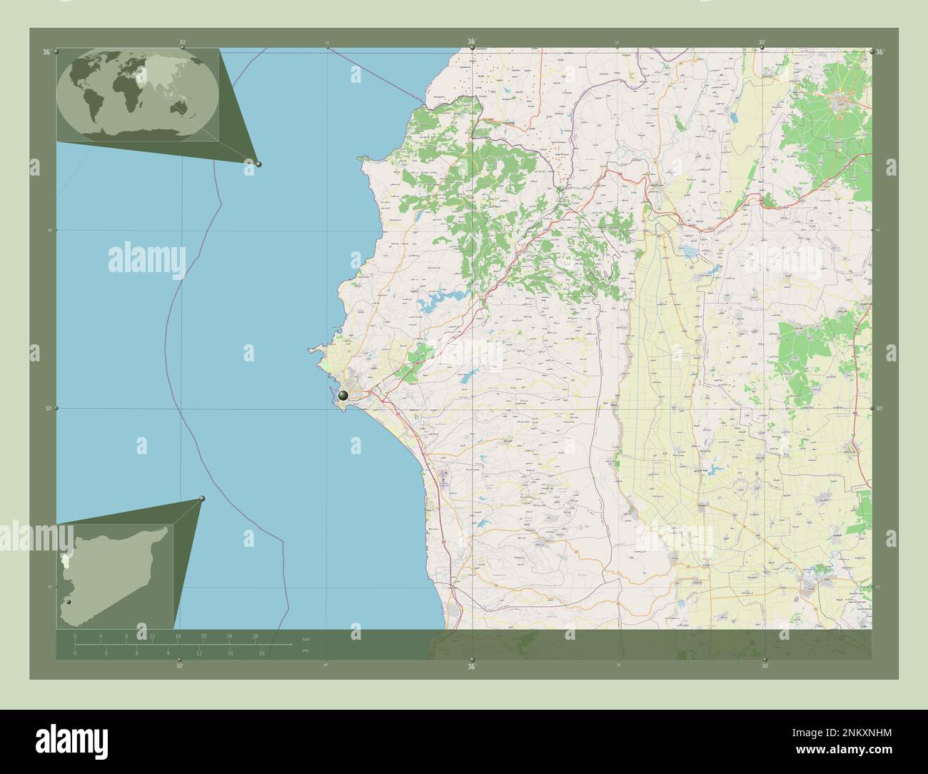 Lattakia, province of Syria. Open Street Map. Locations of major cities ...