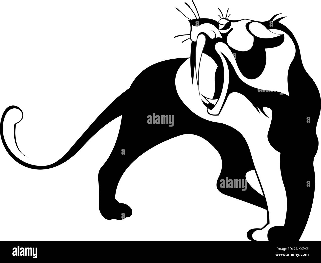 Tiger, lion or panther original art illustration. Fierce tiger, lion or panther black on white original illustration Stock Vector